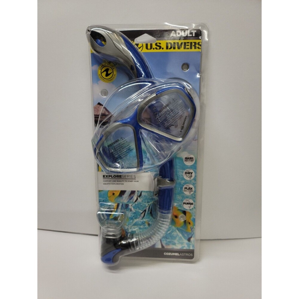 New U.S. Divers Blue Adult Mask & Snorkel Set-Easily Adjustable-Tempered Glass